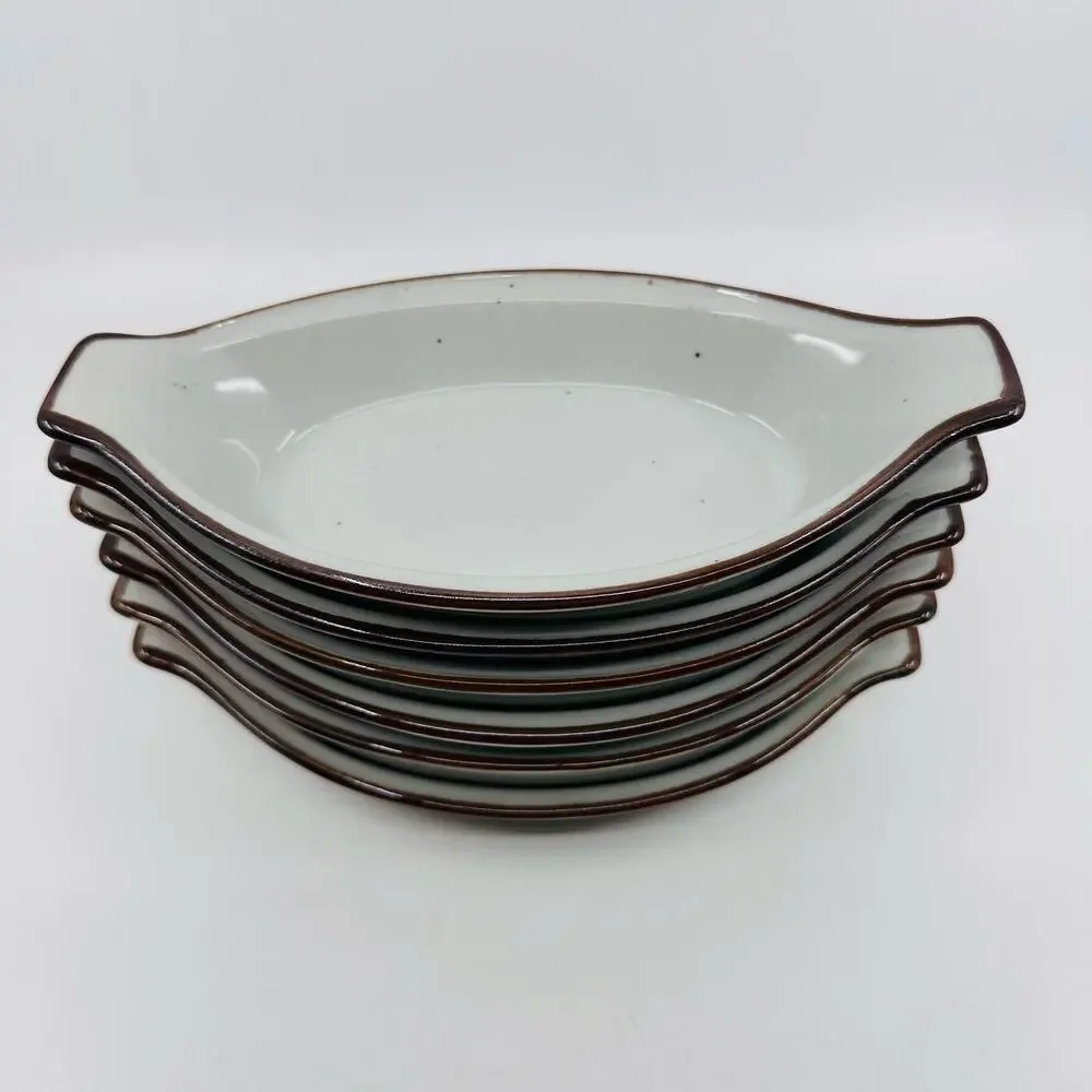 Stoneware 11 Pc Mug Au Gratin Dish Set Cream Brown Speckled VTG Organic Modern